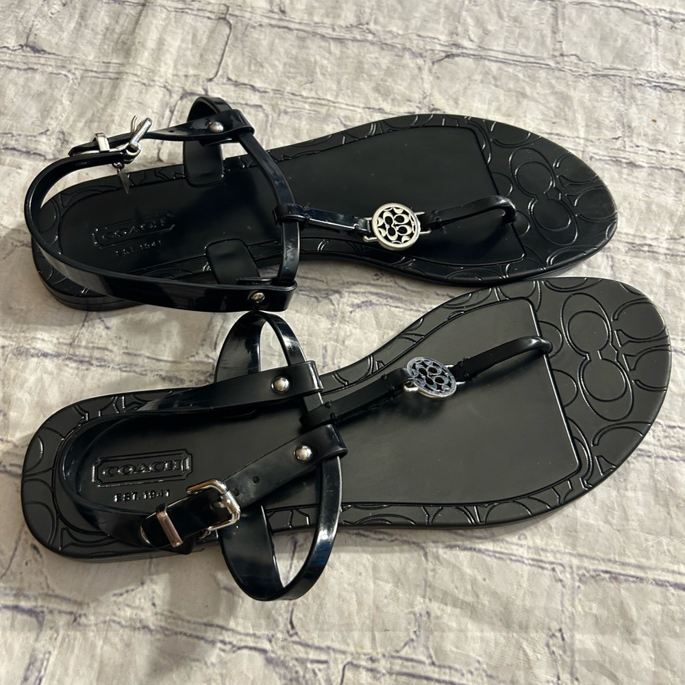 COACH VTG LOGO PANSY BLACK & SILVER ACCENTS WOMEN’S JELLY SANDALS SIZE 8.5-9